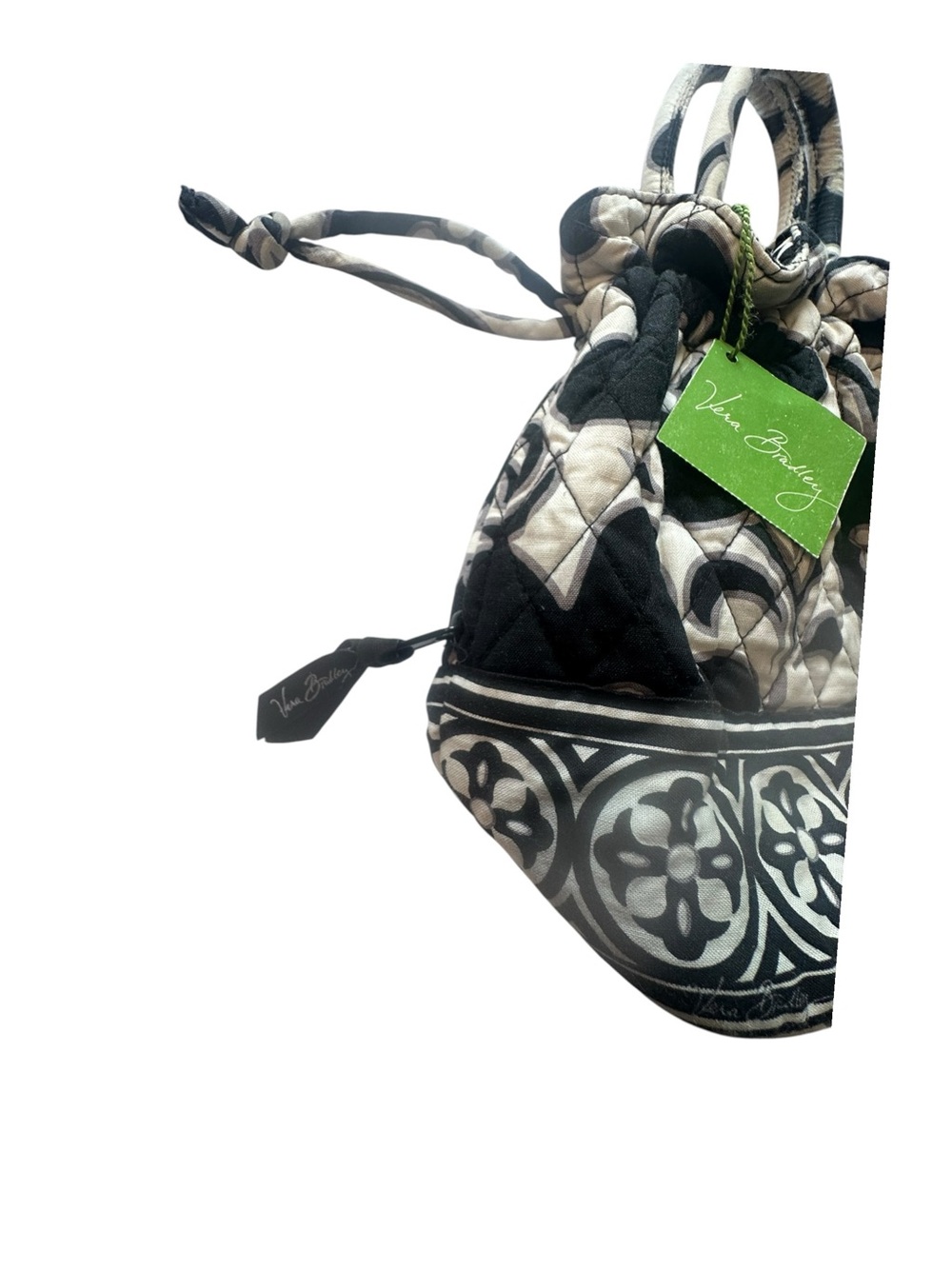 Vera Bradley Quilted Drawstring Handbag Tote Black Cream Floral Purse Retired - Picture 7 of 13